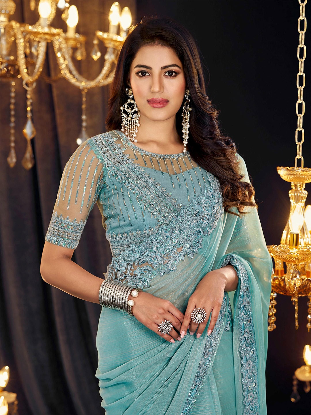 

ALAGINI Sequinned Pure Georgette Saree, Turquoise blue