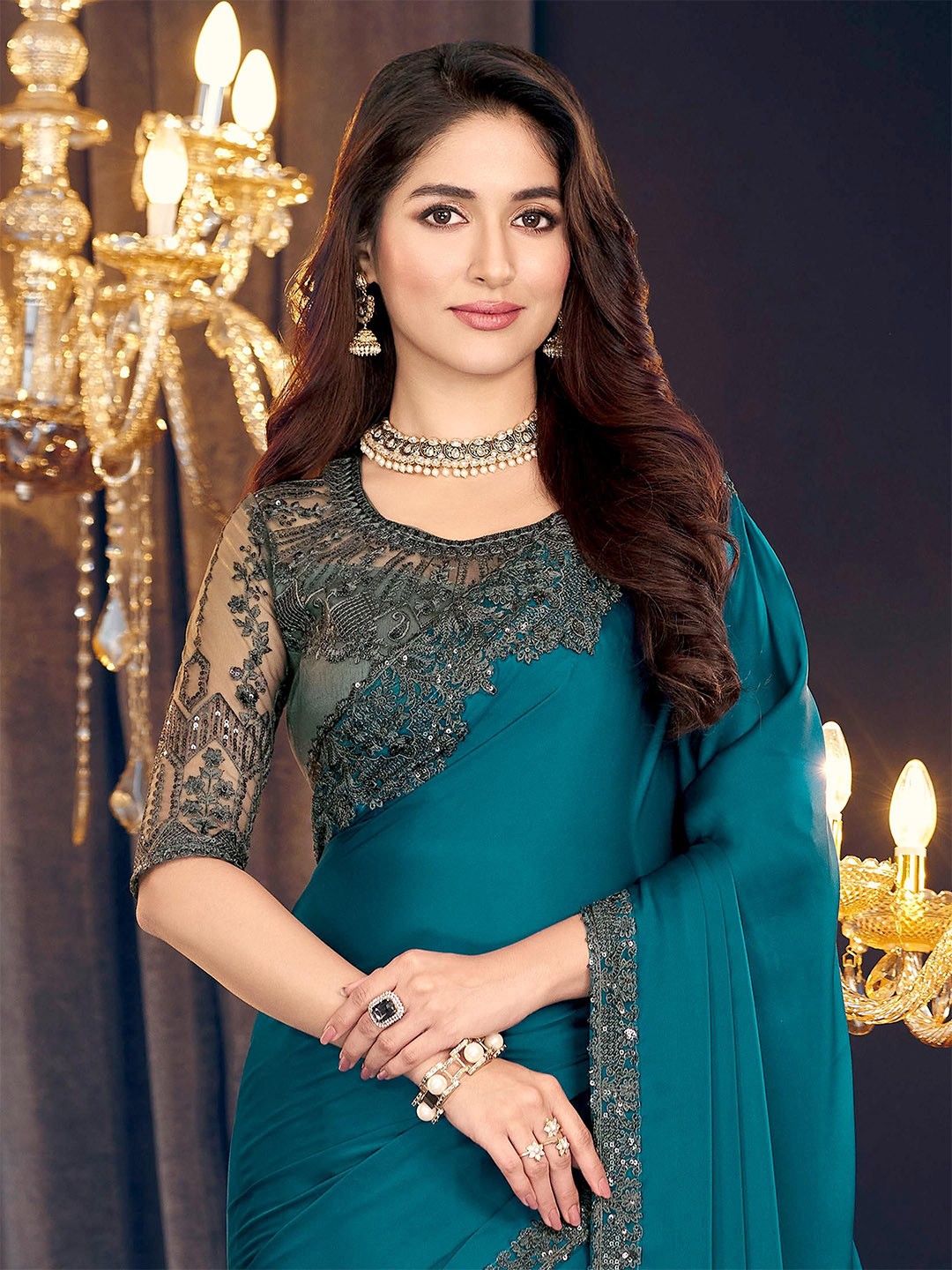 

ALAGINI Sequinned Embroidered Pure Georgette Saree, Blue