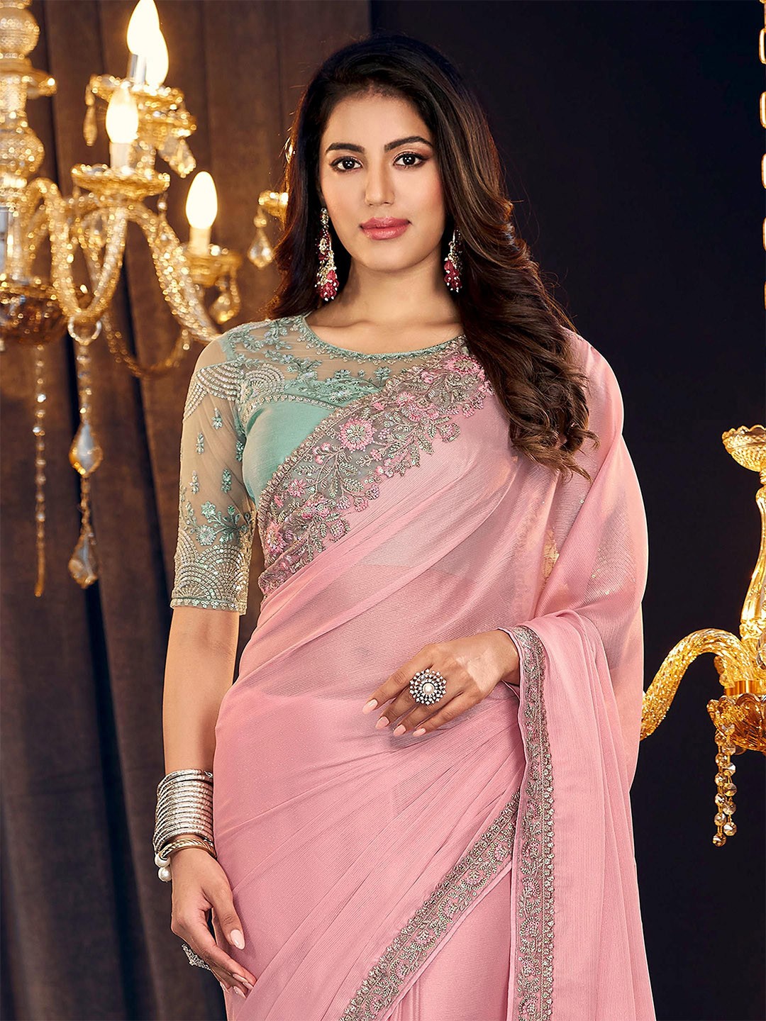 

ALAGINI Sequinned Embroidered Pure Georgette Saree, Pink