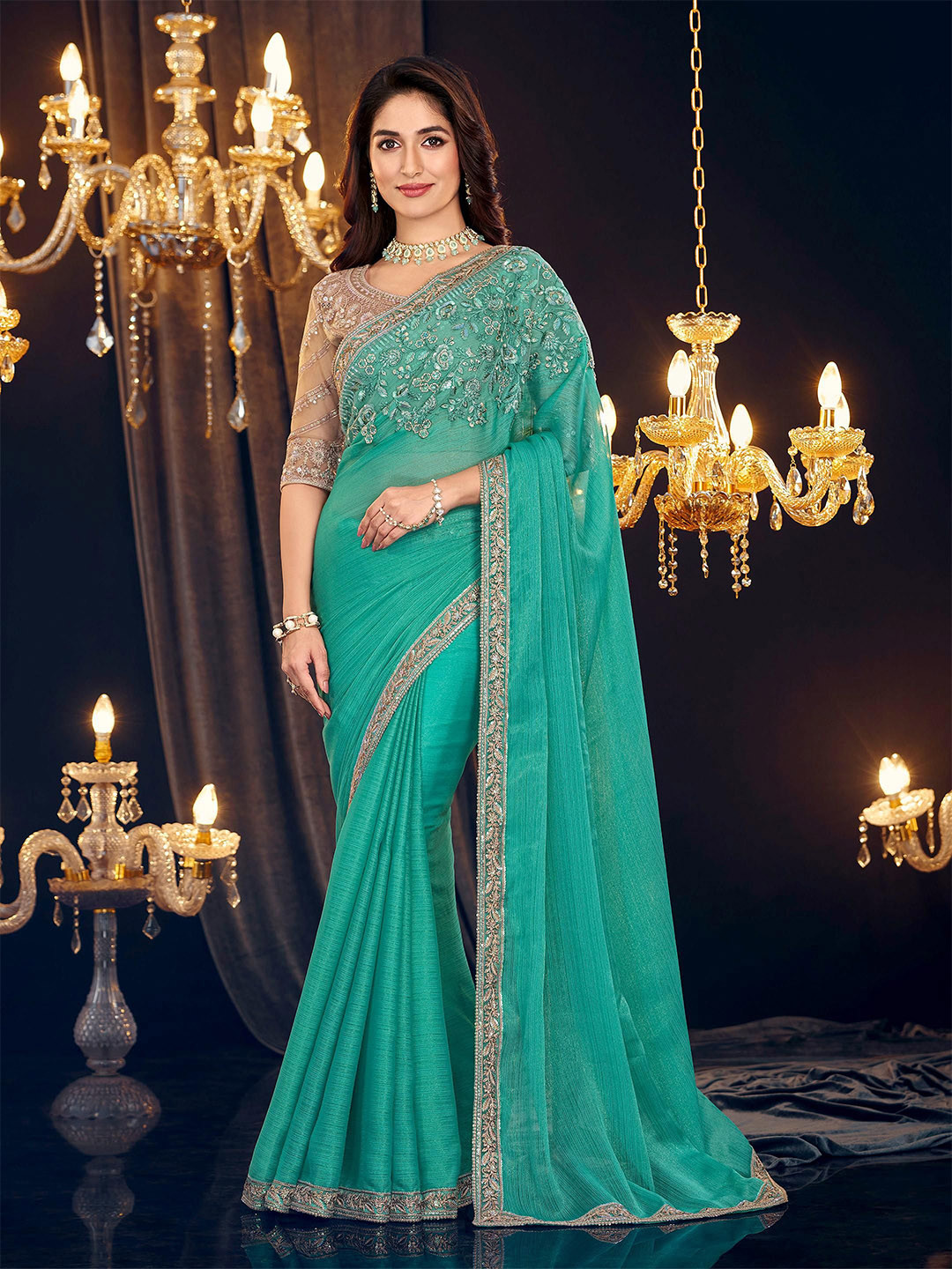 

ALAGINI Ethnic Motifs Sequinned Embellished Pure Georgette Saree, Sea green