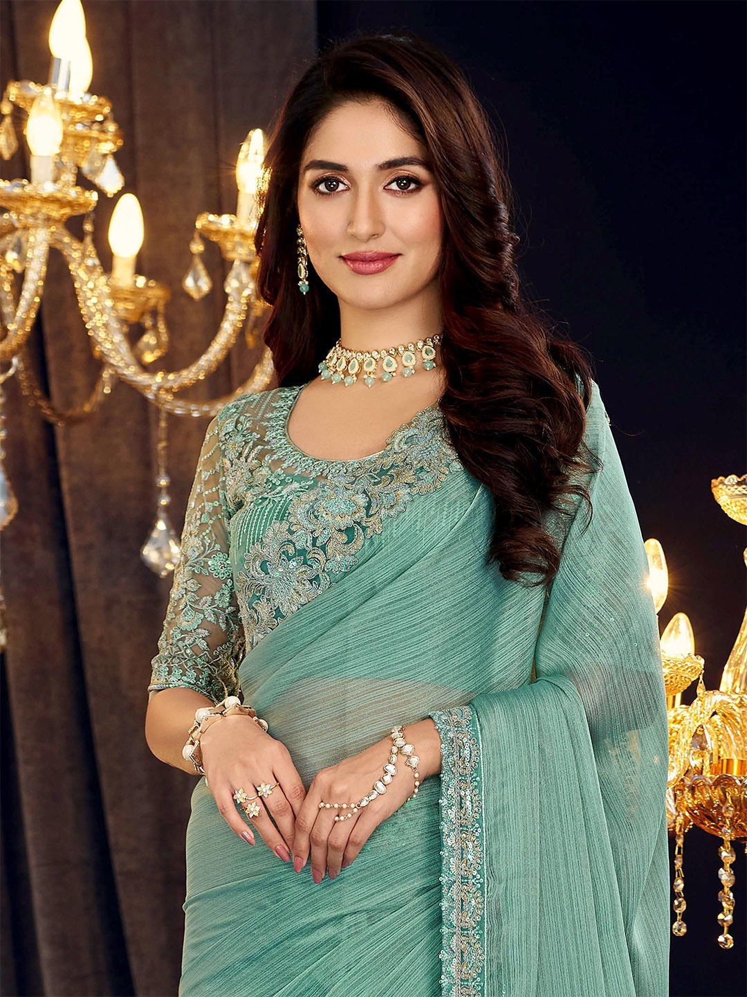 

ALAGINI Embellished Sequinned Embroidered Pure Georgette Saree, Sea green