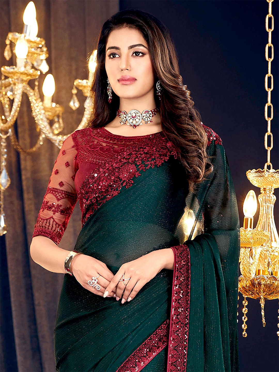 

ALAGINI Sequinned Pure Georgette Saree, Teal