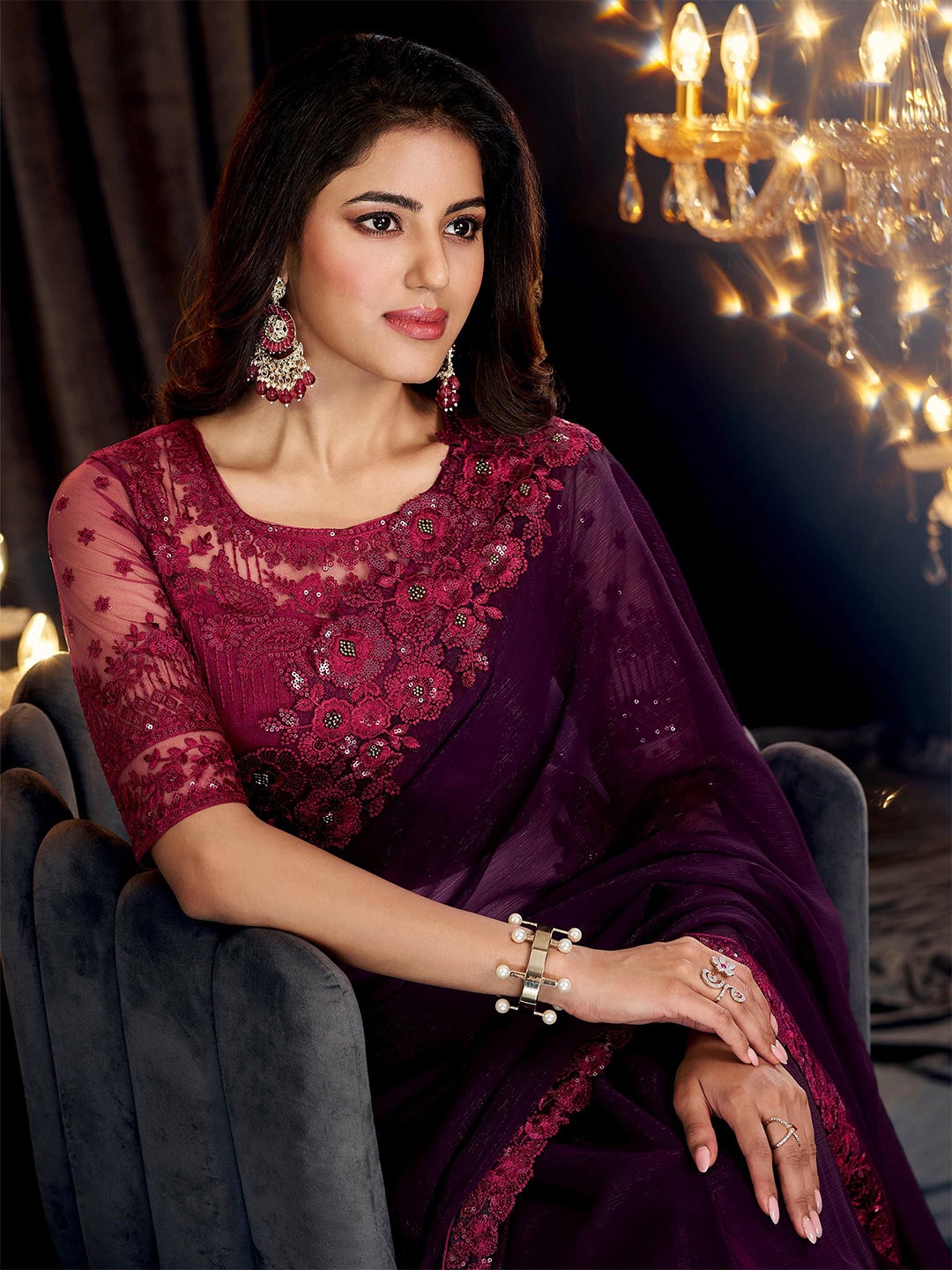 

ALAGINI Ethnic Motifs Sequinned Embroidered Pure Georgette Saree, Purple