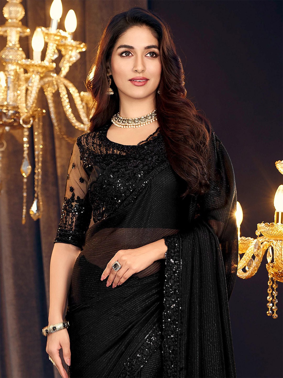 

ALAGINI Sequinned Pure Georgette Saree, Black
