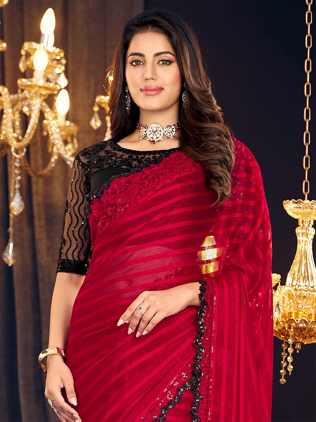 

ALAGINI Ethnic Motifs Sequinned Pure Georgette Saree, Red