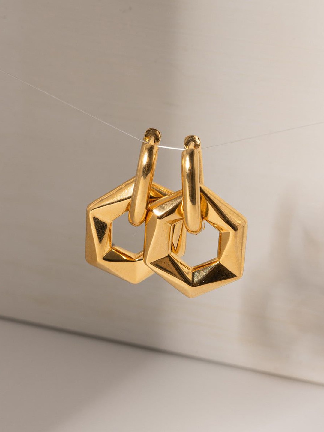 

PALMONAS Gold-Plated Stainless Steel Hexagon Shaped Drop Earrings