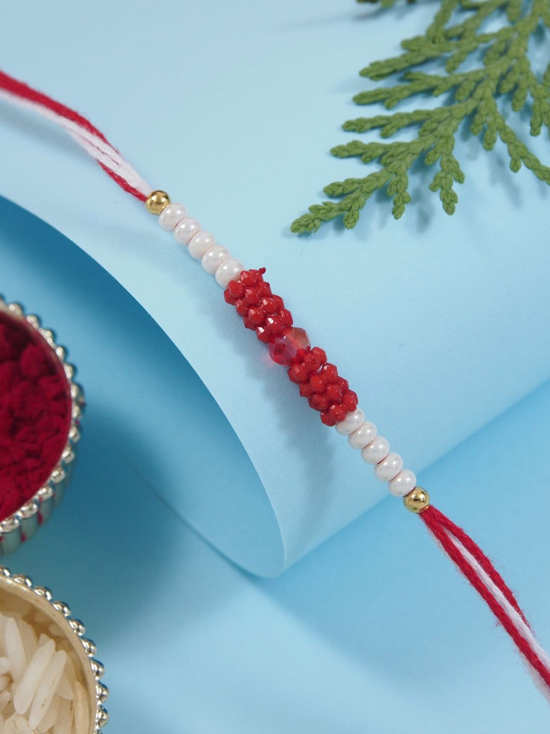 

I Jewels Beaded Thread Rakhi With Roli Chawal & Greeting Card, Red