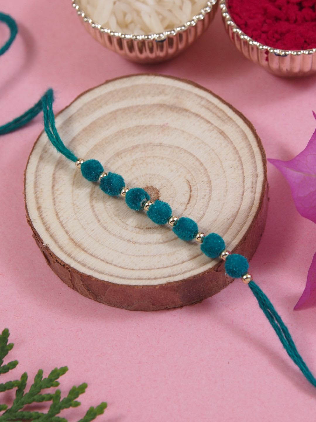

I Jewels Beaded Thread Rakhi With Roli Chawal & Greeting Card, Green