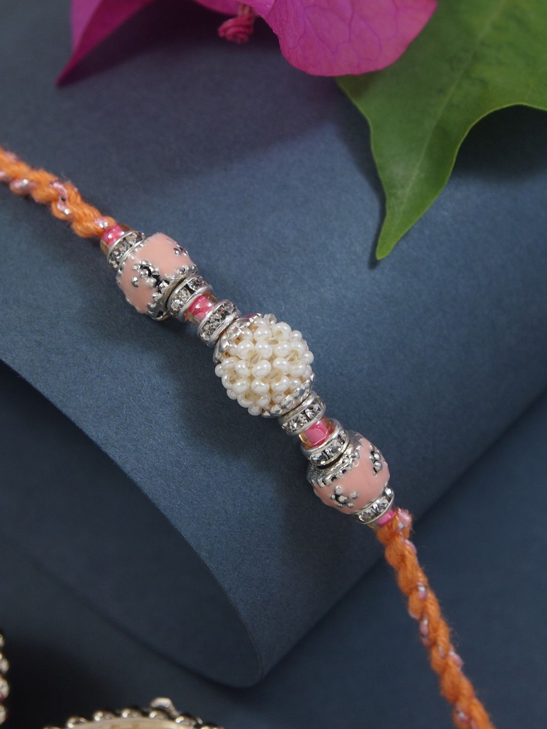 

I Jewels Beaded Thread Rakhi With Roli Chawal & Greeting Card, Orange