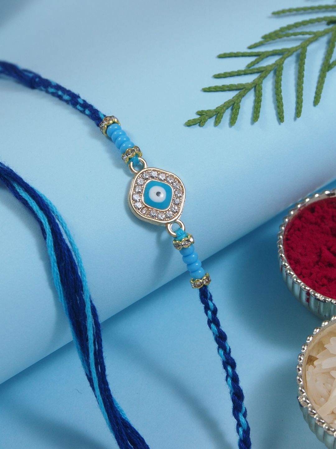 

I Jewels Enamel Evil Eye Thread Rakhi With Roli Chawal & Rakshabandhan Card, Blue