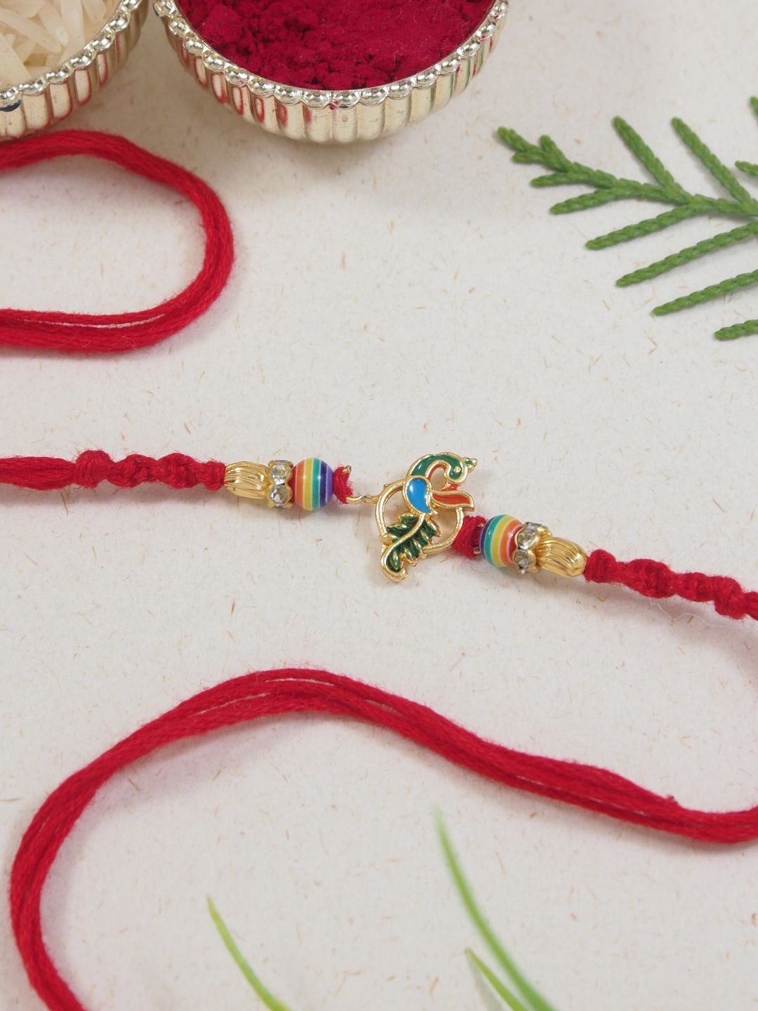 

I Jewels Pearl Beaded Thread Rakhi With Roli Chawal & Greeting Card, Red