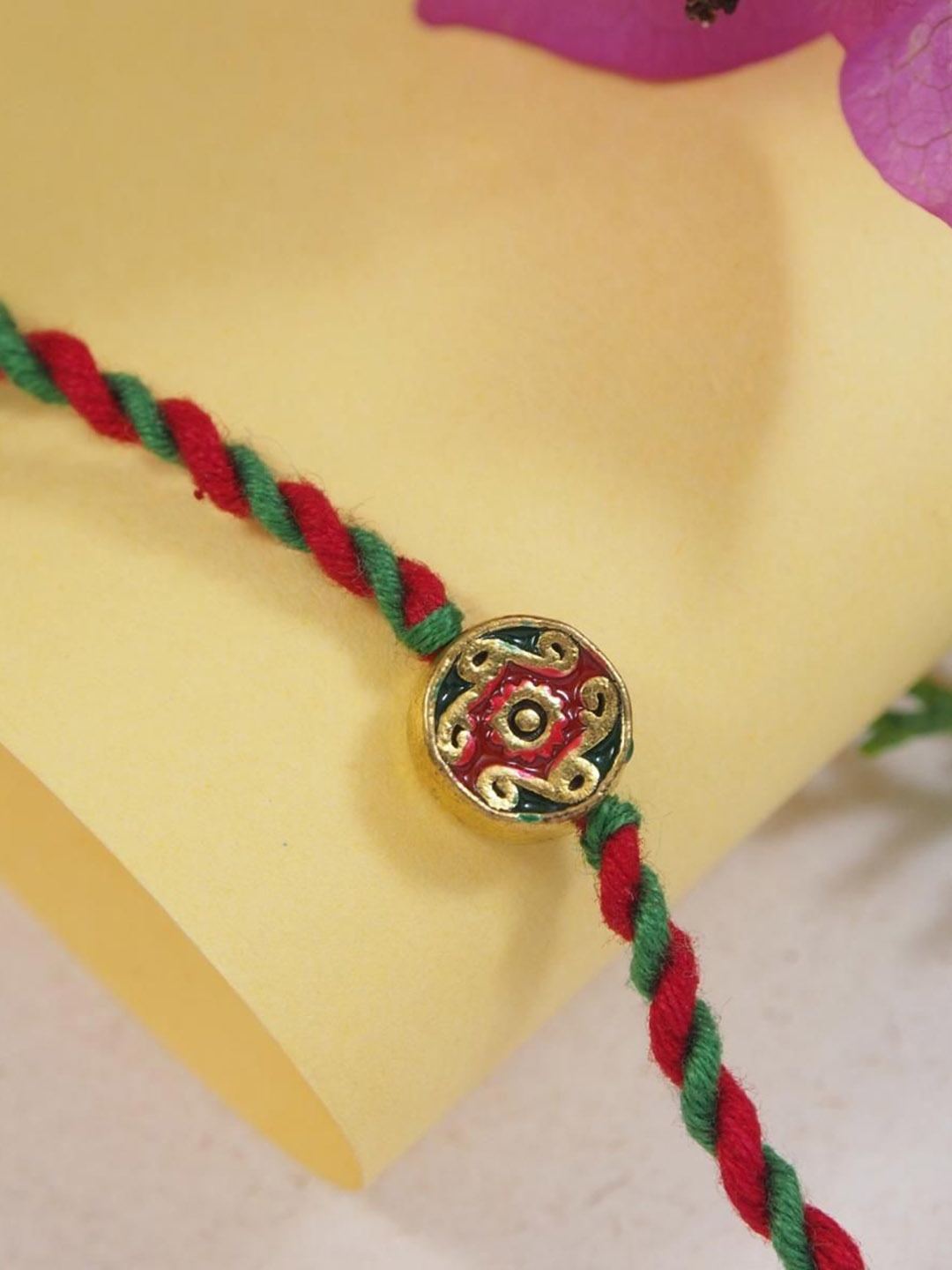 

I Jewels Floral Beaded Thread Rakhi With Roli Chawal & Rakshabandhan Card, Red