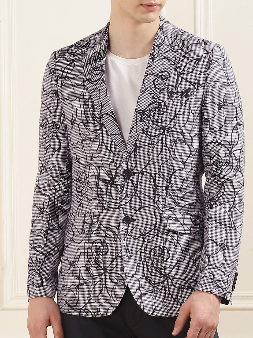 

Ted Baker Floral Printed Notched Lapel Collar Linen Single Breasted Blazer, Black