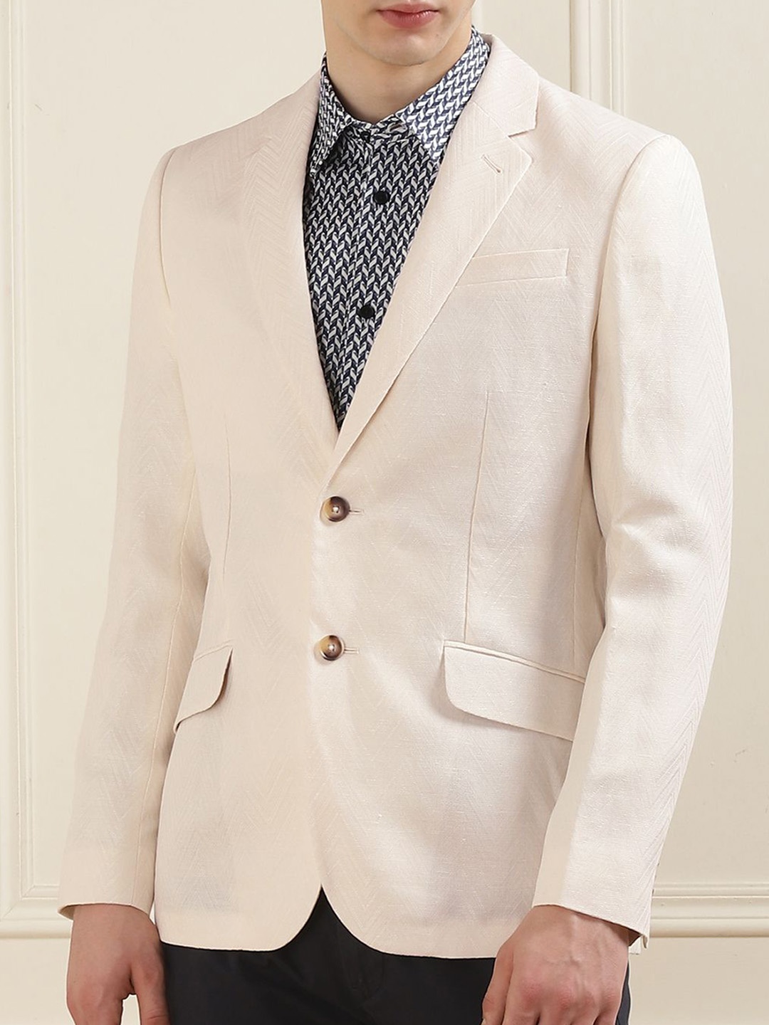 

Ted Baker Self Design Notched Lapel Collar Linen Single Breasted Formal Blazer, Off white