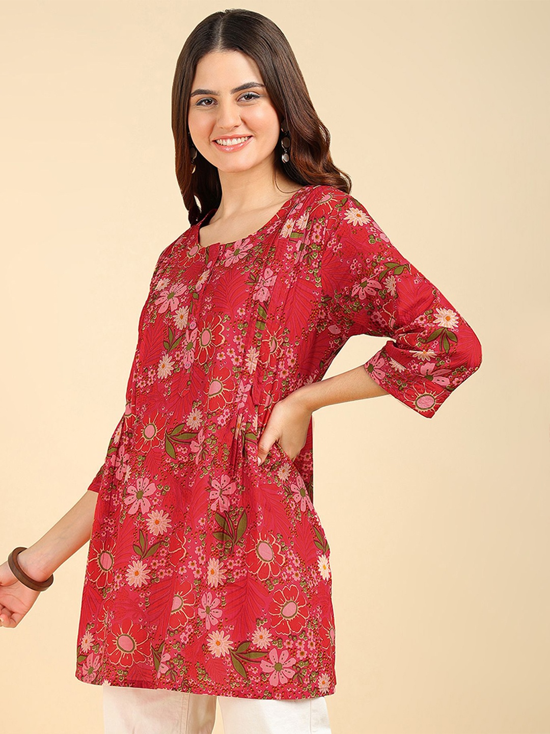 

House Of Zelena Floral Printed Cotton Longline Maternity Top, Red