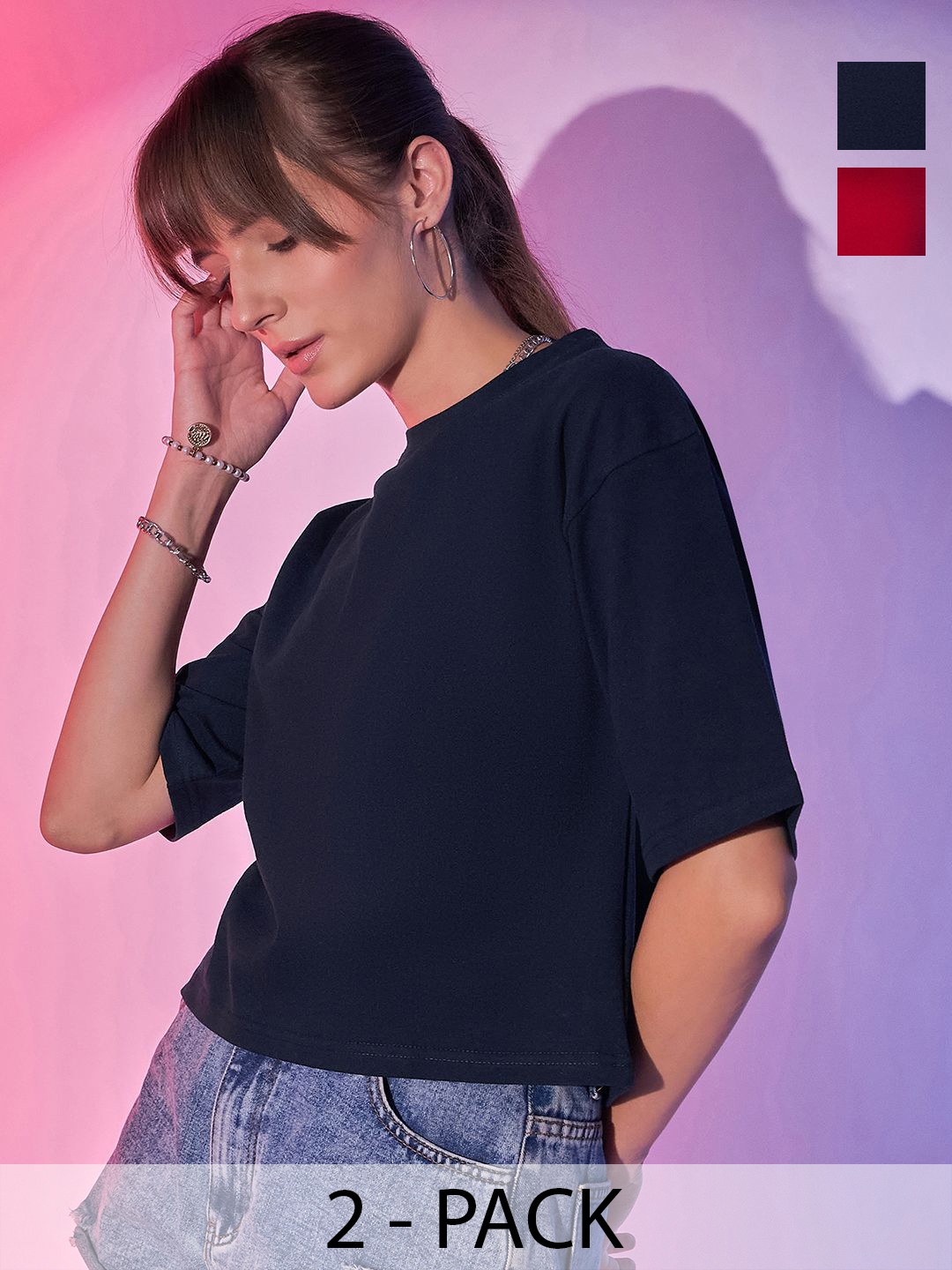 

BUY NEW TREND Women Applique Boxy T-shirt, Navy blue