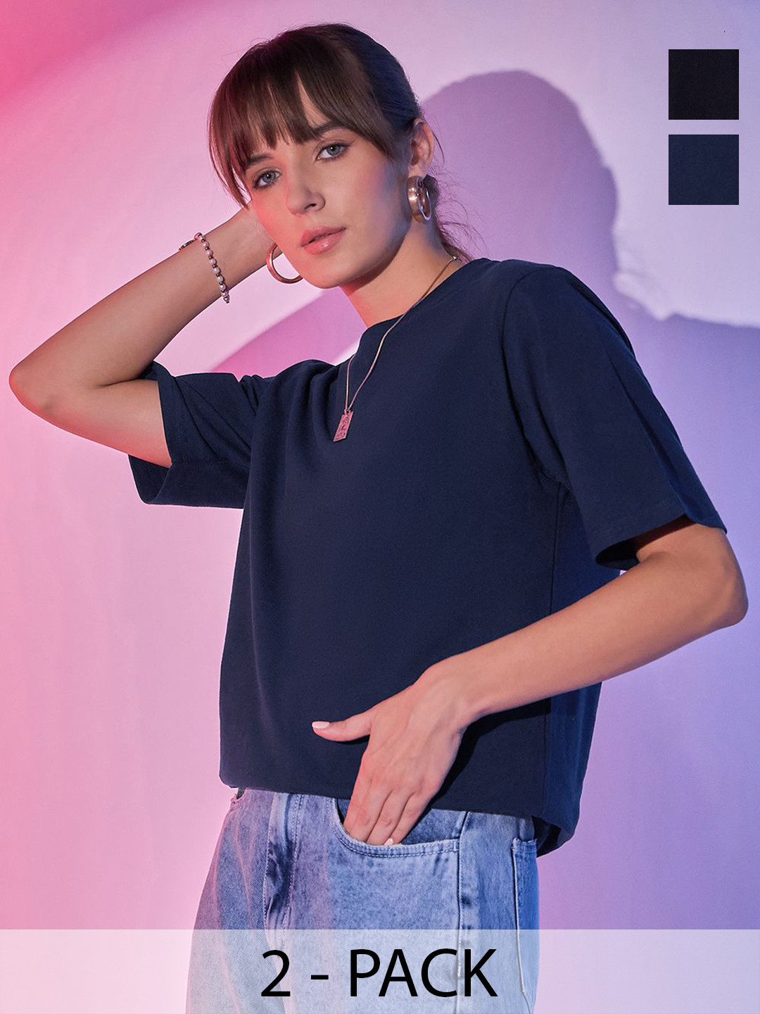 

BUY NEW TREND Women Pack Of 2 Solid T-shirt, Navy blue