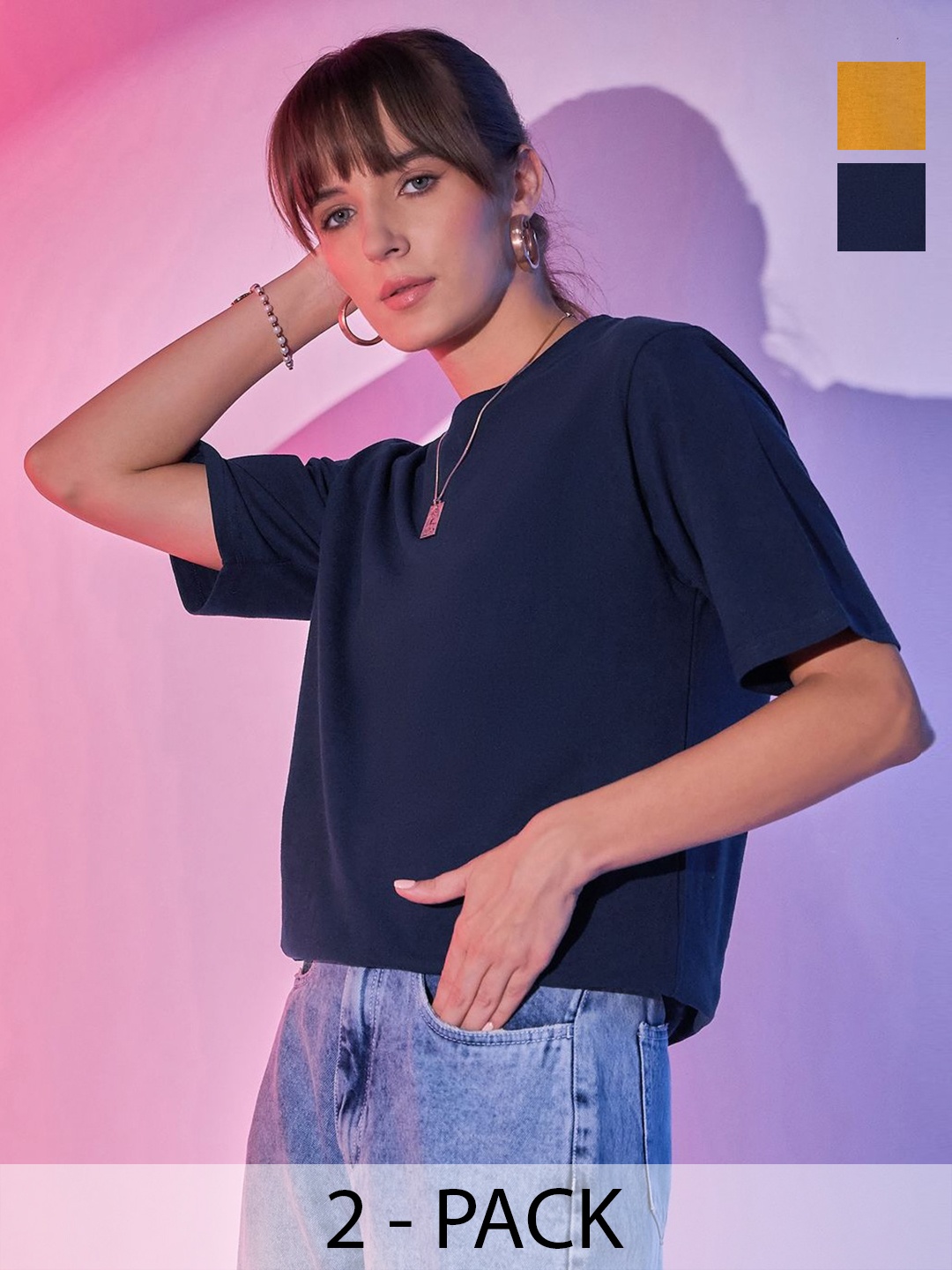 

BUY NEW TREND Women Pack of 2 Round Neck Boxy T-shirt, Navy blue