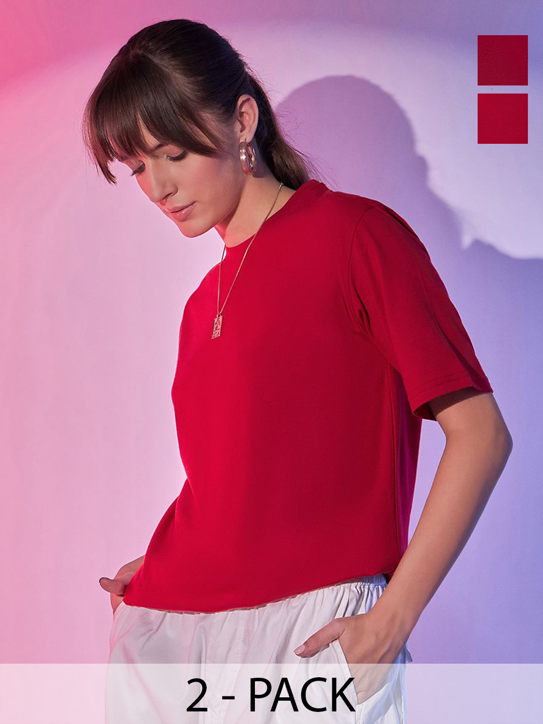 

BUY NEW TREND Women 2Round Neck Pockets T-shirt, Red