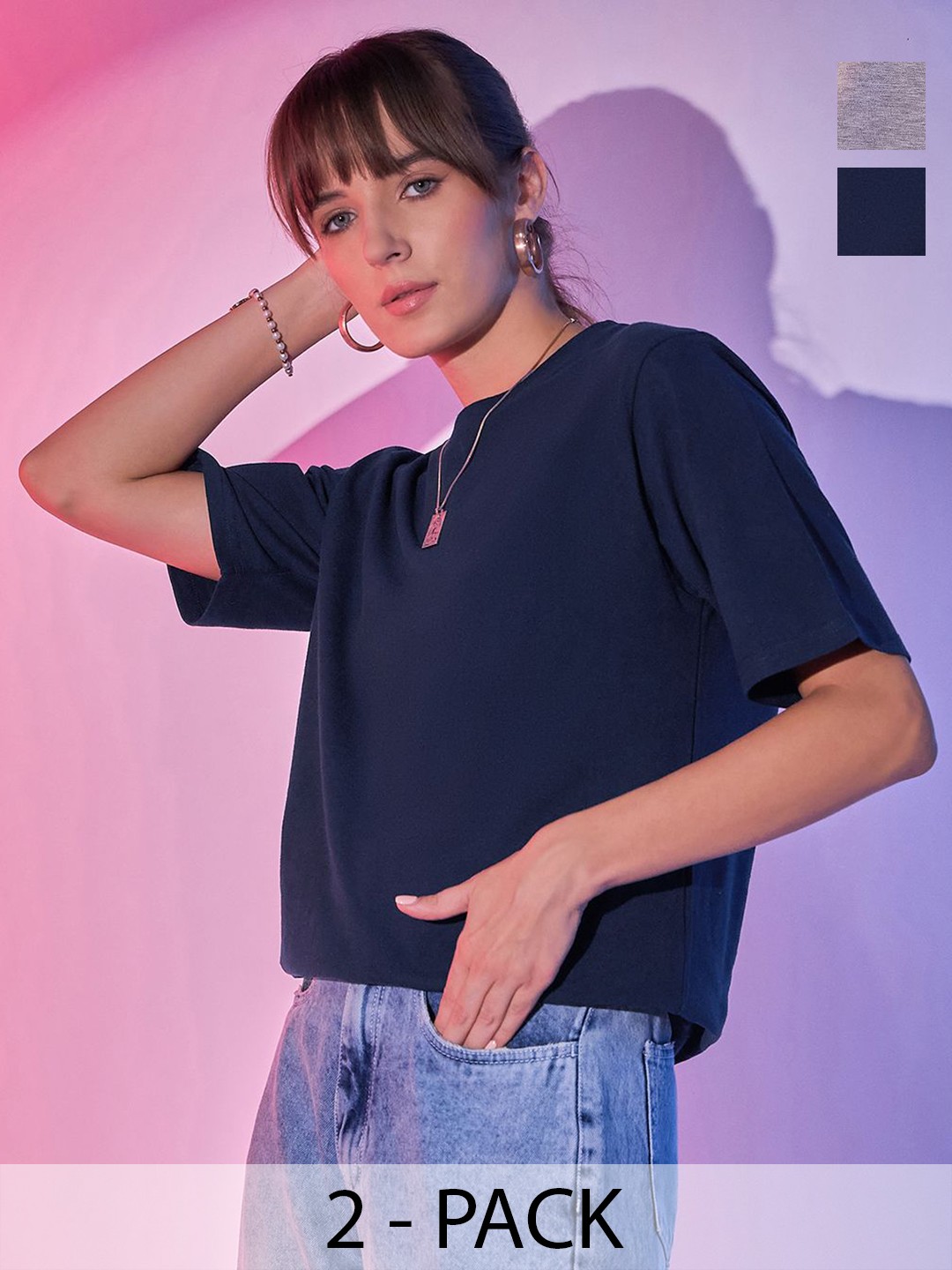

BUY NEW TREND Women 2 Henley Neck Raw Edge T-shirt, Navy blue