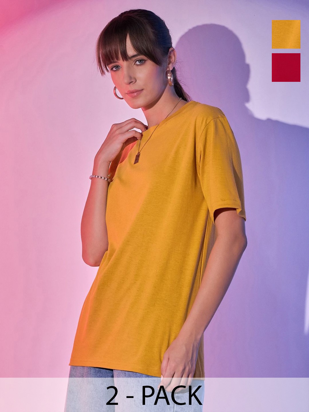 

BUY NEW TREND Women Pack of 2 Round Neck Oversized T-shirt, Mustard