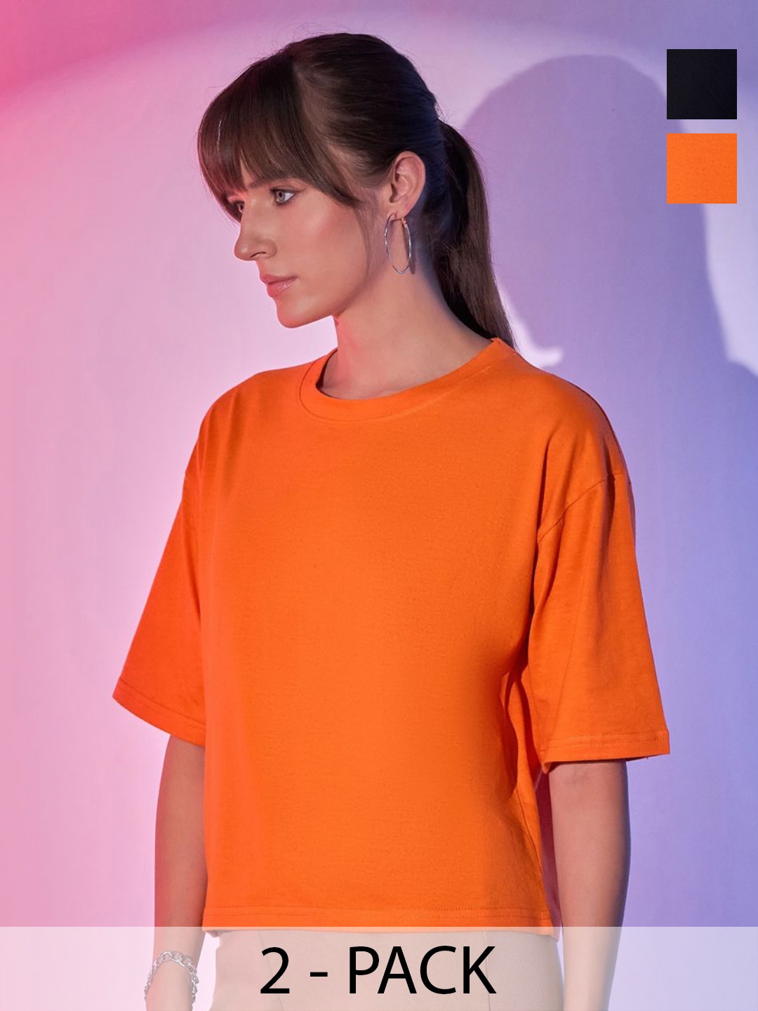 

BUY NEW TREND Women Pack of 2 Round Neck Boxy T-shirt, Orange