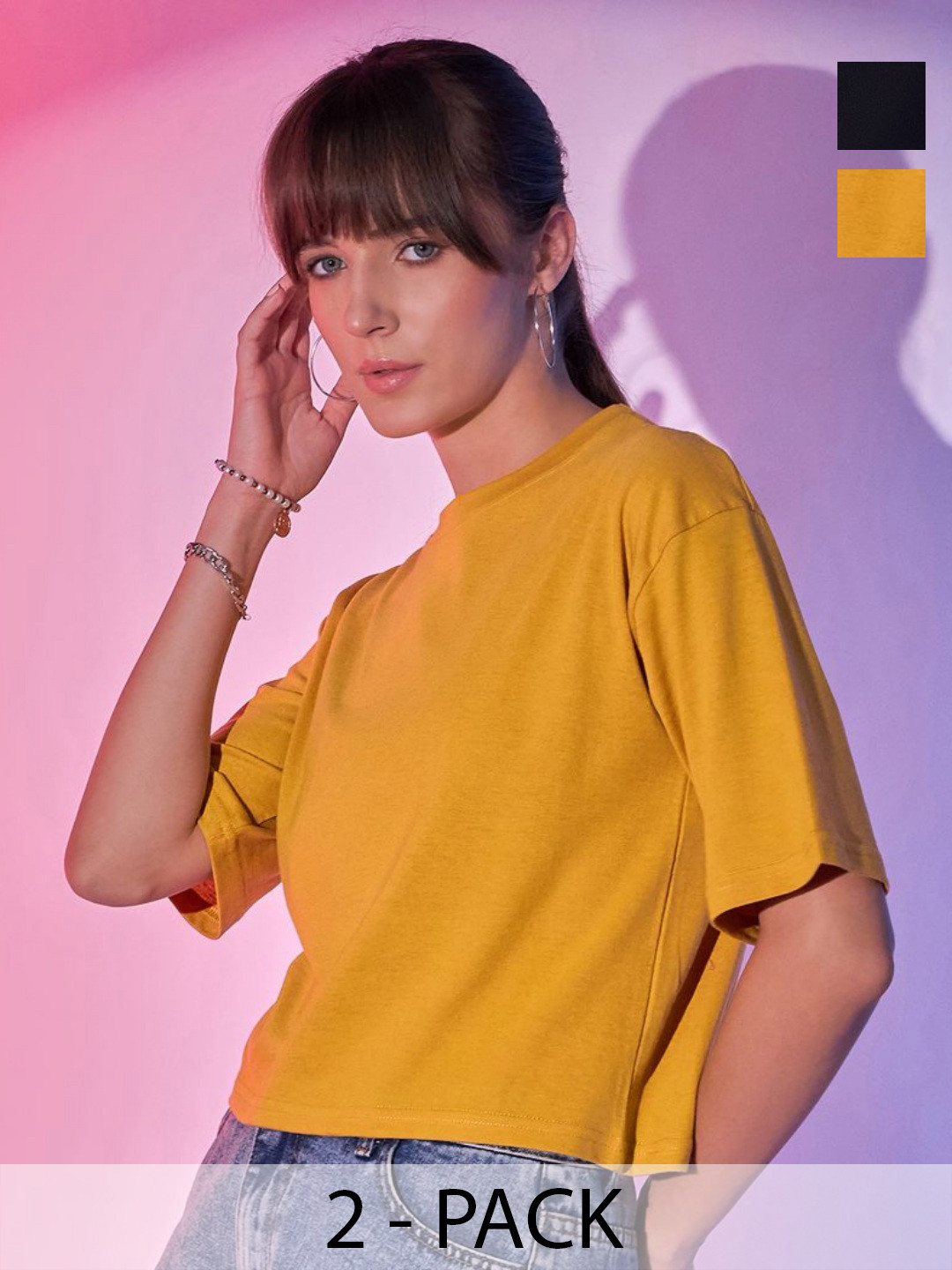 

BUY NEW TREND Pack Of 2 Women Raglan Sleeves Tshirts, Mustard