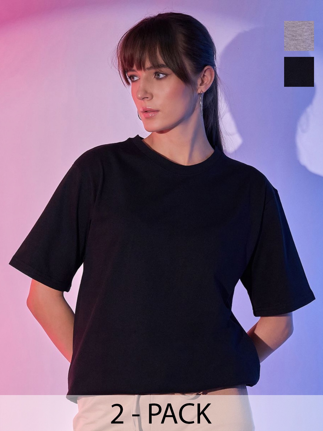 

BUY NEW TREND Women 2 Henley Neck Extended Sleeves Raw Edge T-shirt, Black