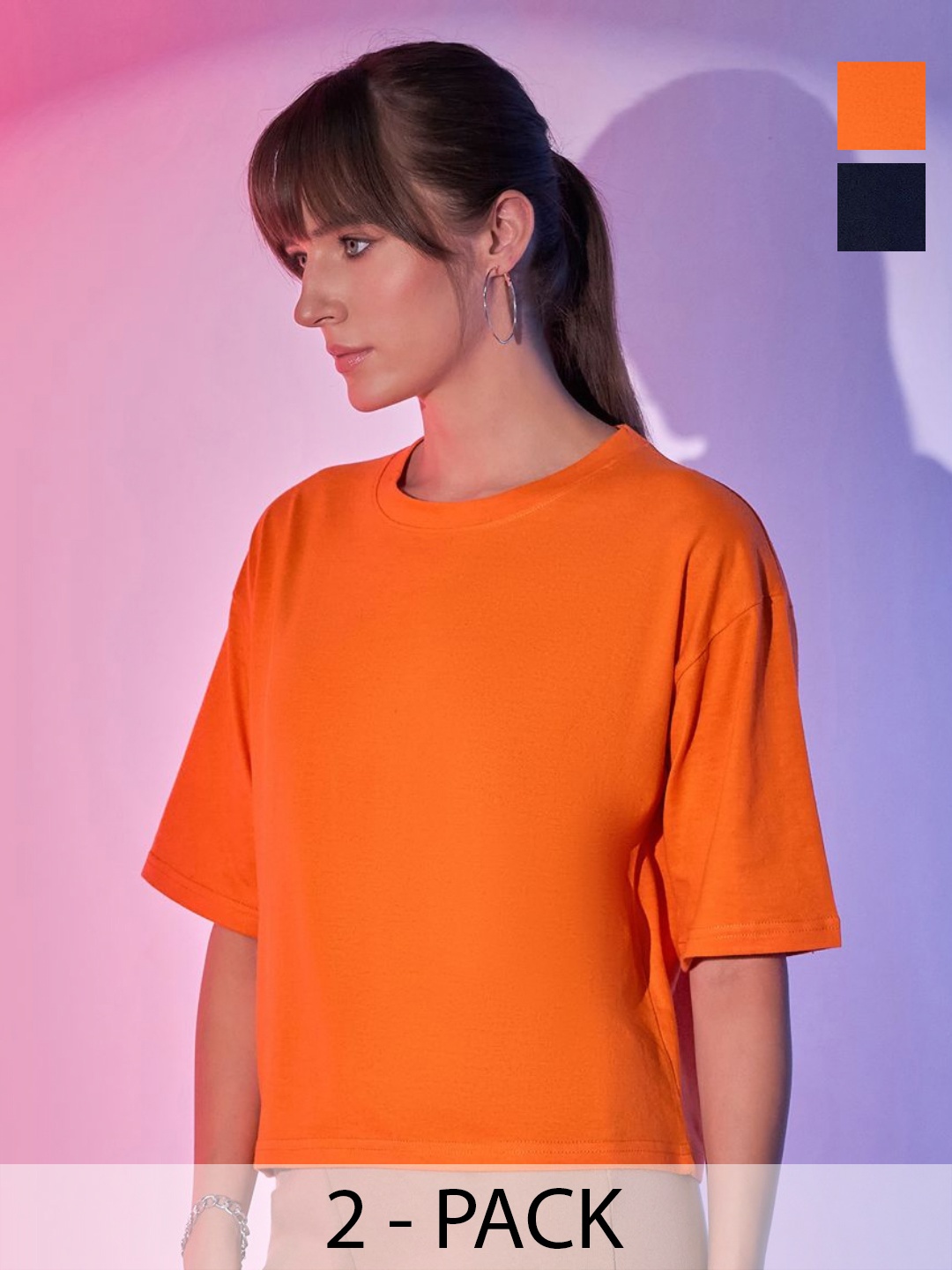 

BUY NEW TREND Women Pack Of 2 Solid Boxy T-shirt, Orange