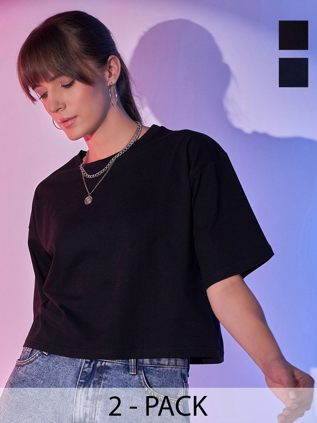 

BUY NEW TREND Women Pack of 2 Round Neck Boxy T-shirt, Black