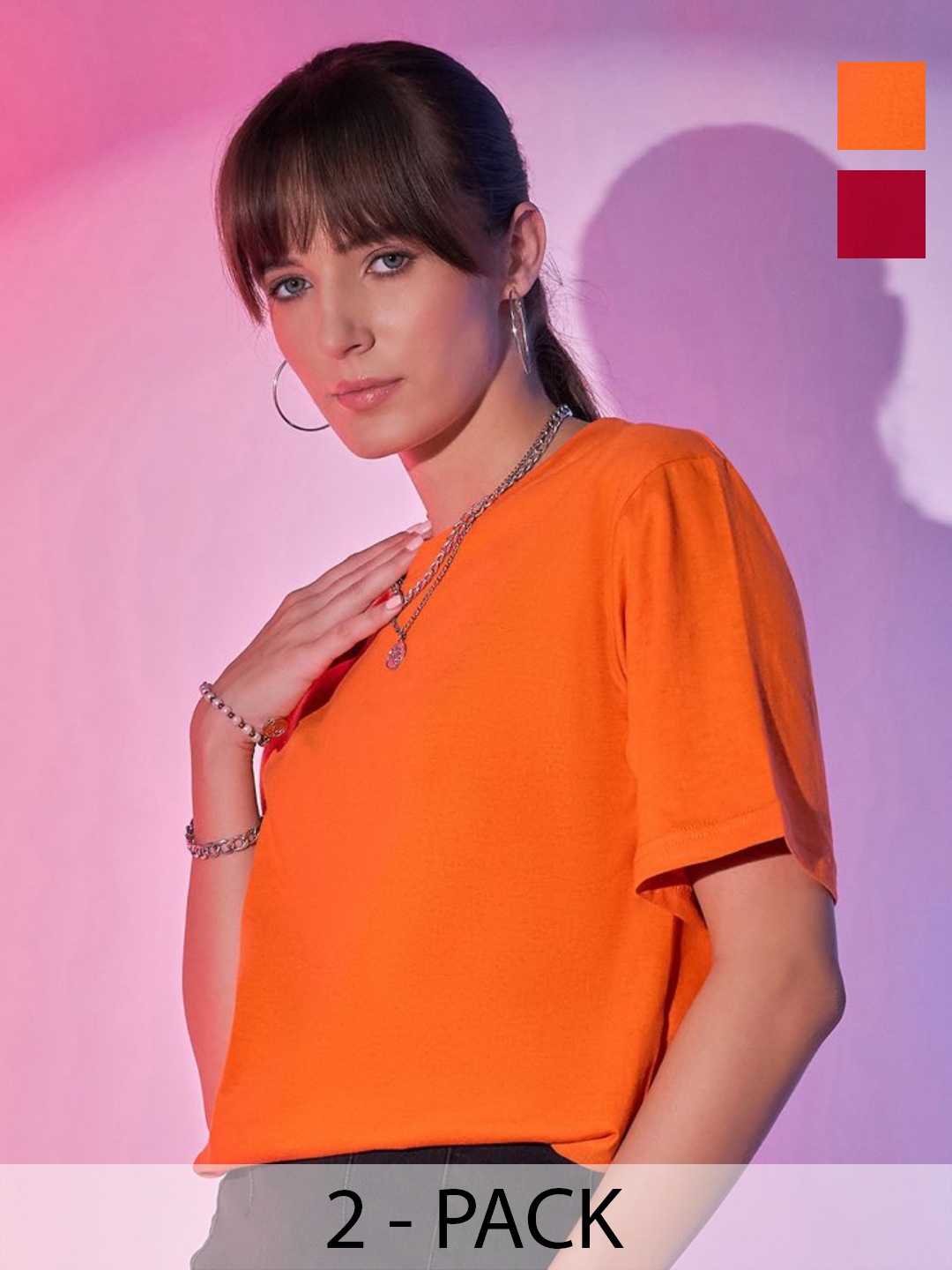 

BUY NEW TREND Women Pack Of 2 Solid T-shirt, Orange