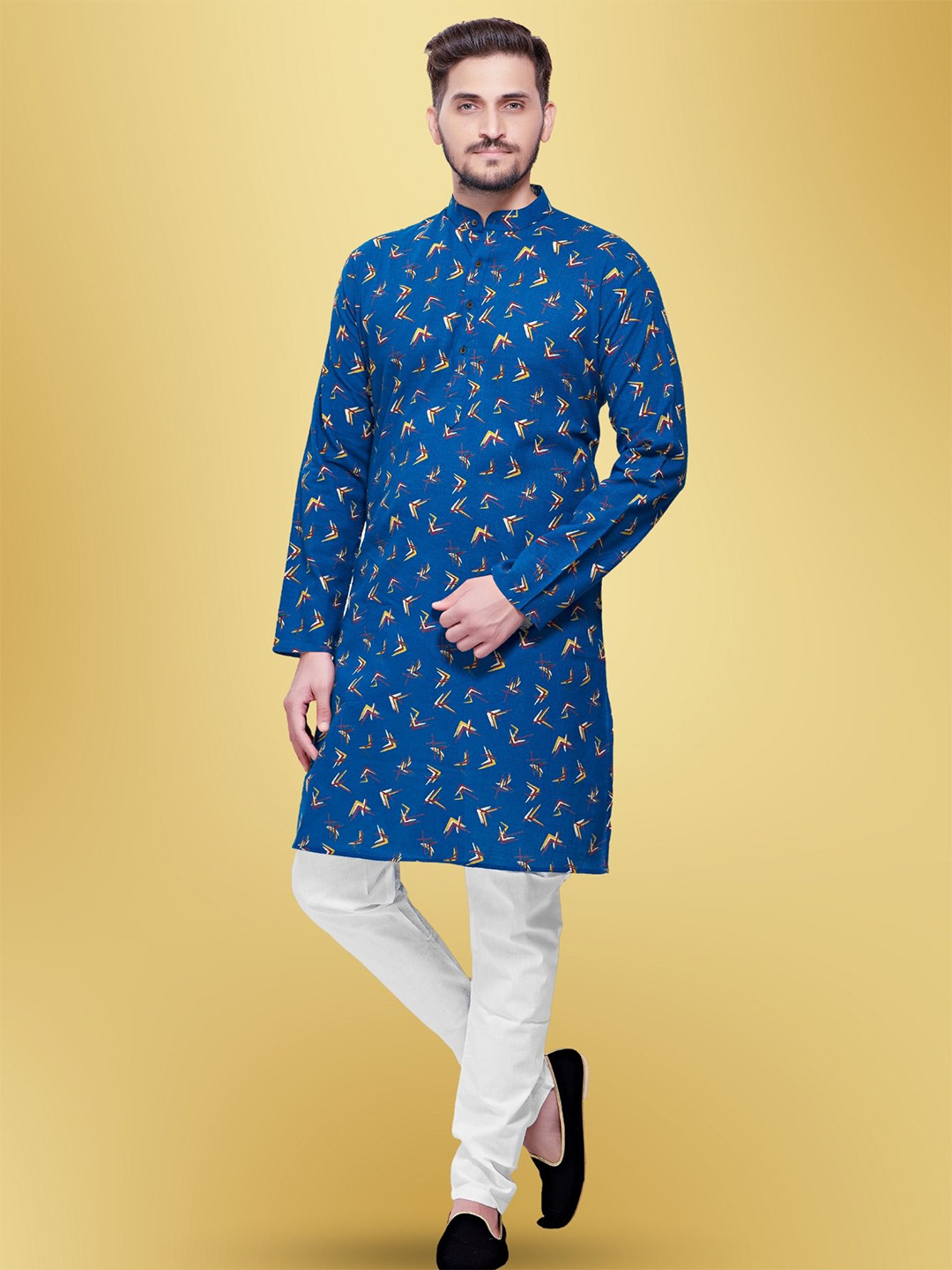 

SHIWAM ETHNIX Mandarin Collar Quirky Block Printed Cotton Straight Kurta, Blue