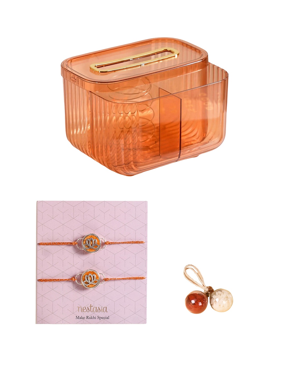 

Nestasia Set Of 3 Beaded Rakhis With Tissue Holder & Card with Roli Chawal, Orange
