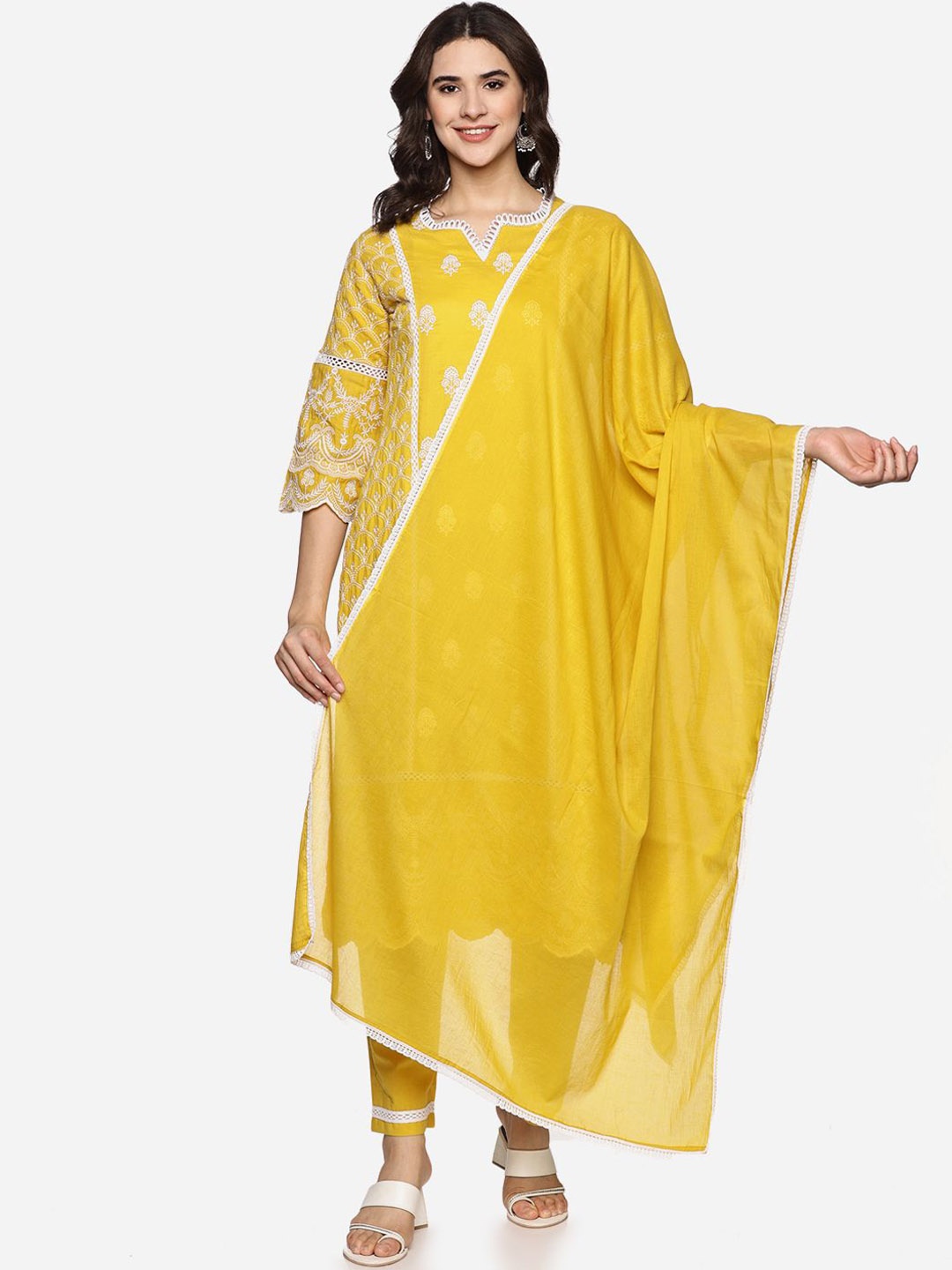 

Palakh Floral Printed Embroidered Pure Cotton Straight Kurta With Trousers & Dupatta, Yellow