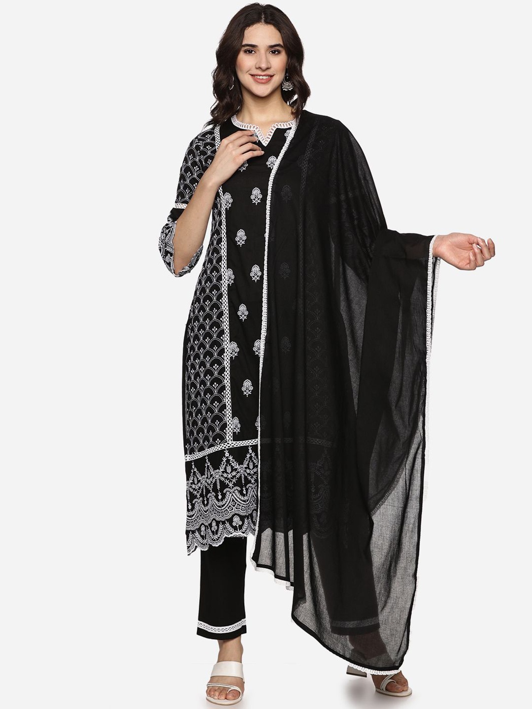 

Palakh Floral Printed Embroidered Pure Cotton Straight Kurta With Trousers & Dupatta, Black