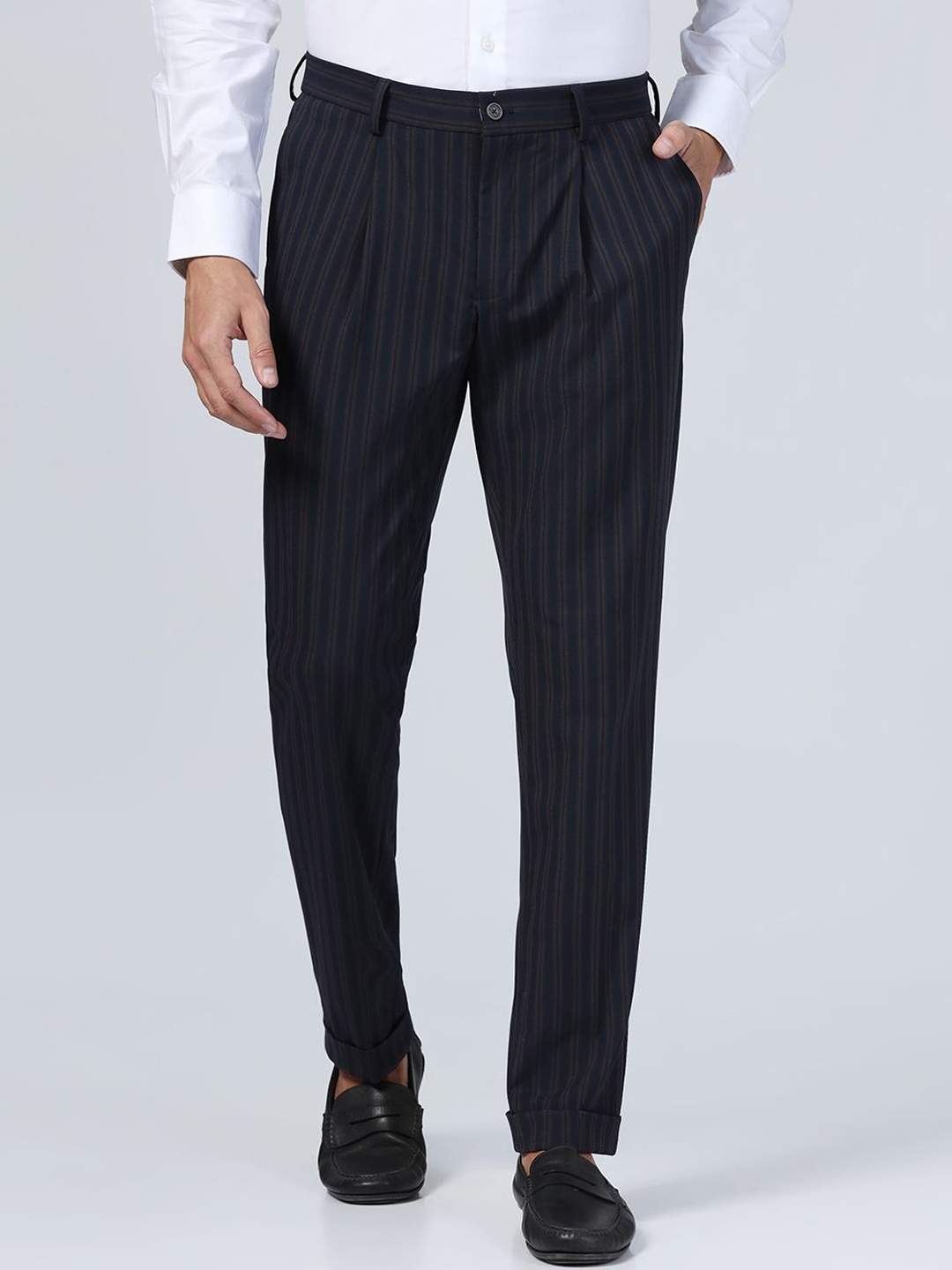 

Blackberrys Men Striped Urban Slim Slim Fit Formal Trousers, Navy blue