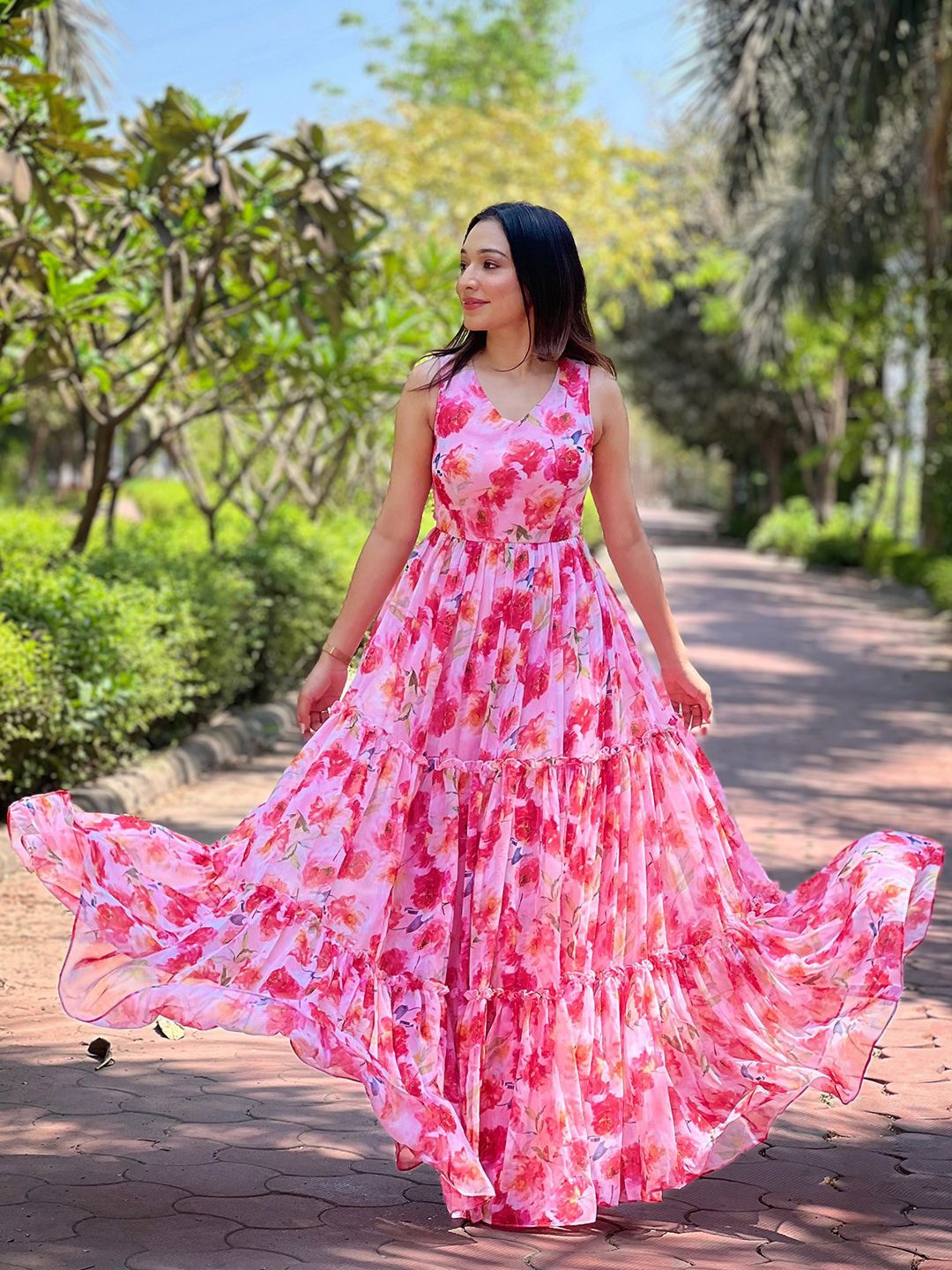 

VASTRANAND Floral Print Halter Neck Ruffled Georgette Maxi Dress, Pink