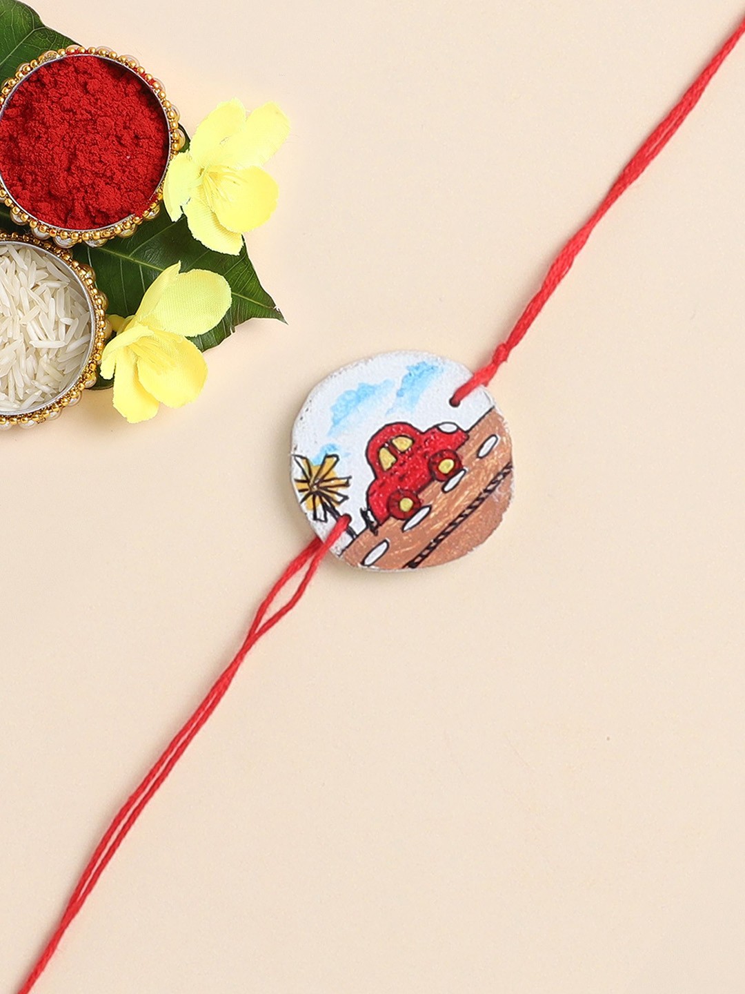 

The Magic Wand Car Printed Wooded Thread Rakhi, Red