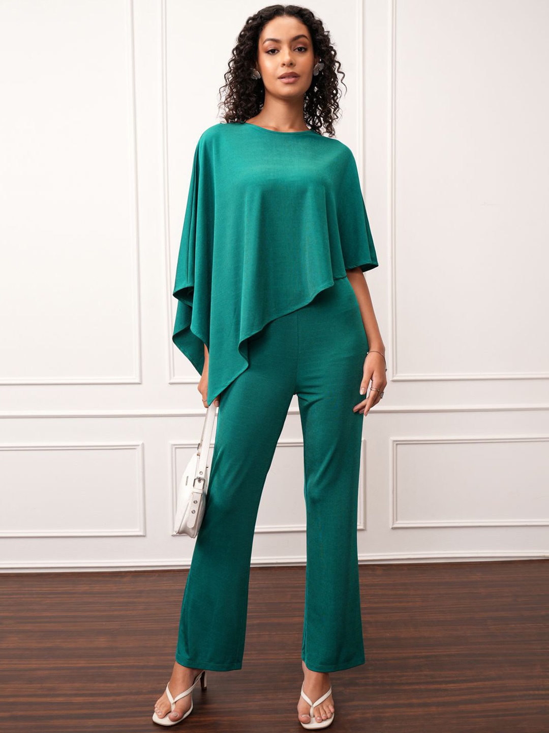 

CHIC BY TOKYO TALKIES Pink Asymmetrical Neck Kaftan Top With Trouser, Teal