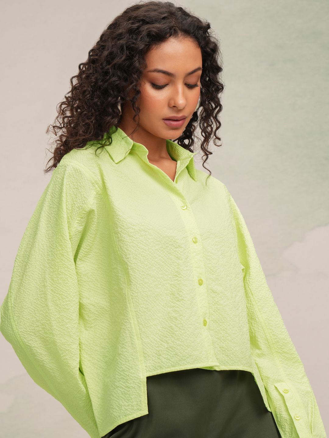 

Tokyo Talkies Women Self Design Opaque Casual Shirt, Lime green