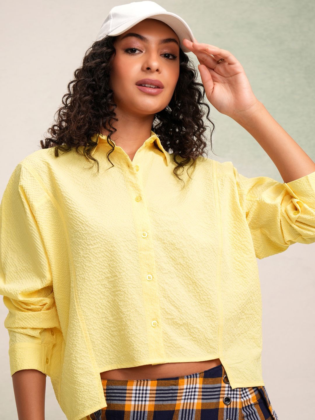 

Tokyo Talkies Women Crop Collared Casual Shirt, Yellow