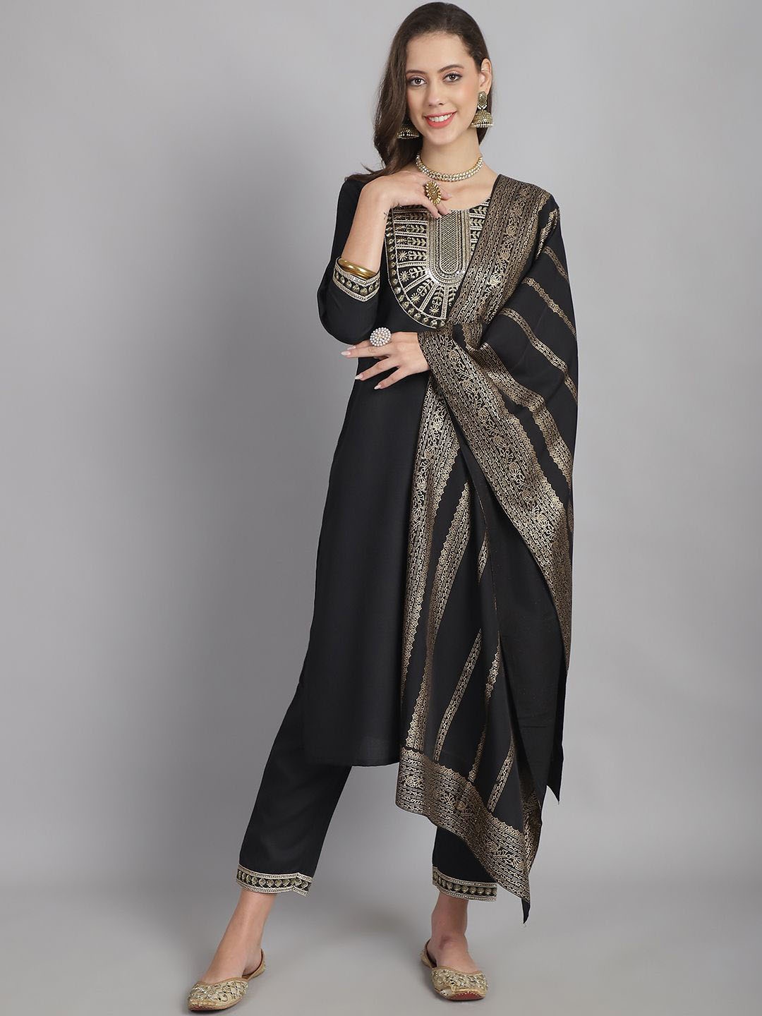 

KALINI Floral Printed Thread Work Straight Kurta With Trousers & Dupatta, Black