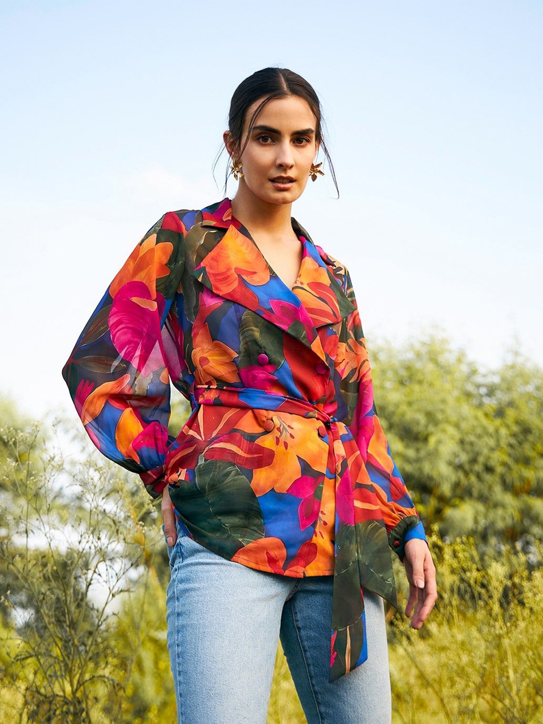 

MABISH by Sonal Jain Women Floral Print Puff Sleeve Georgette Wrap Top, Pink