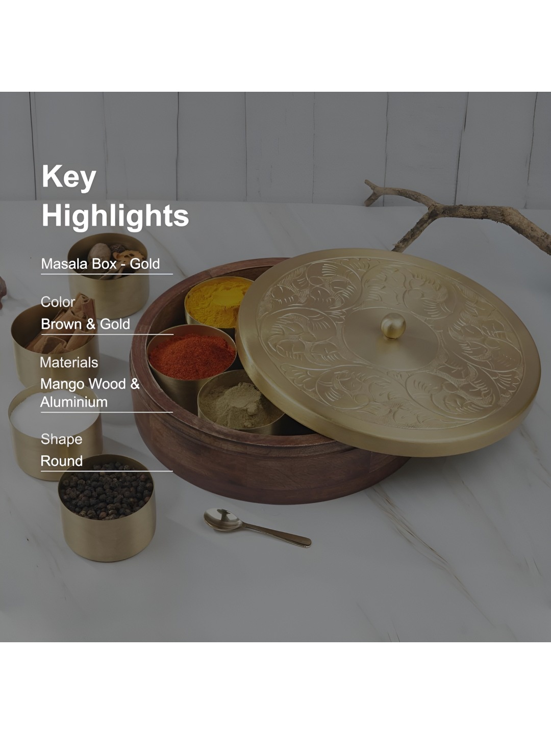 

THE HOME CO. Brown & Gold Toned Wooden Spice Box With Lid
