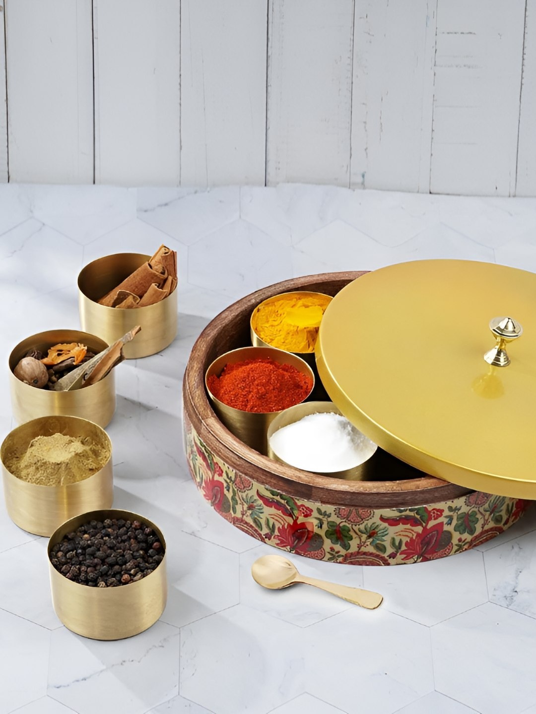 

THE HOME CO. Yellow Printed Wooden Spice Box With Lid