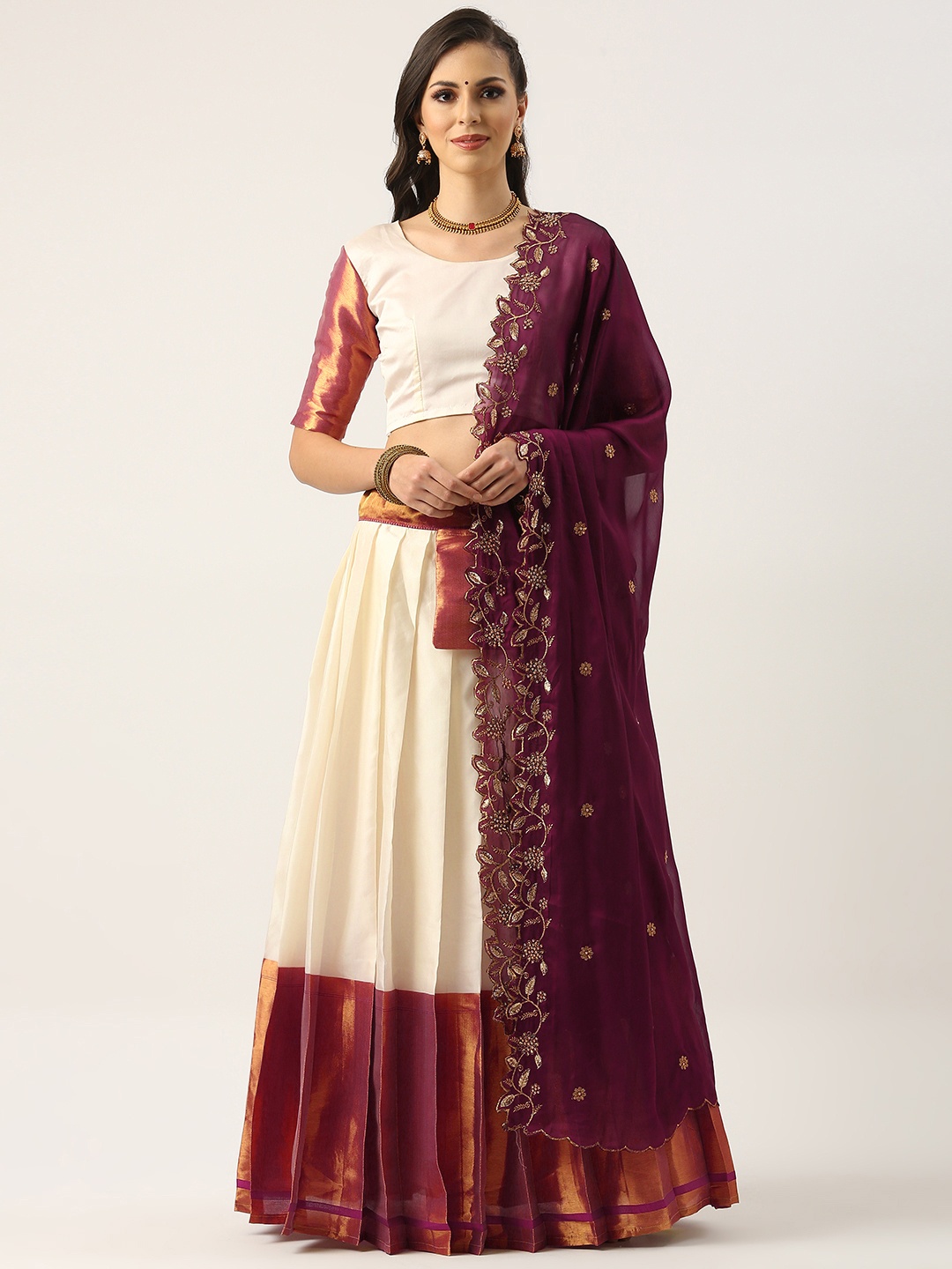 

Fabcartz Woven Design Semi-Stitched Lehenga & Unstitched Blouse With Dupatta, Purple