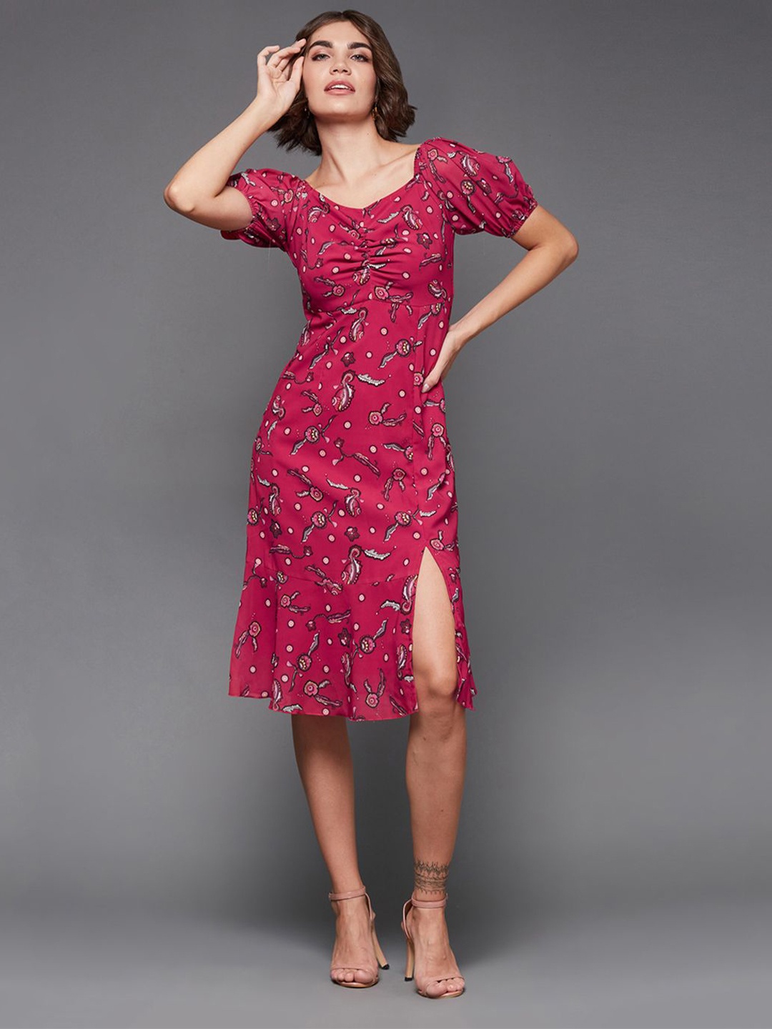 

Miss Chase Women Printed Puff Sleeves Sheath Dress, Fuchsia
