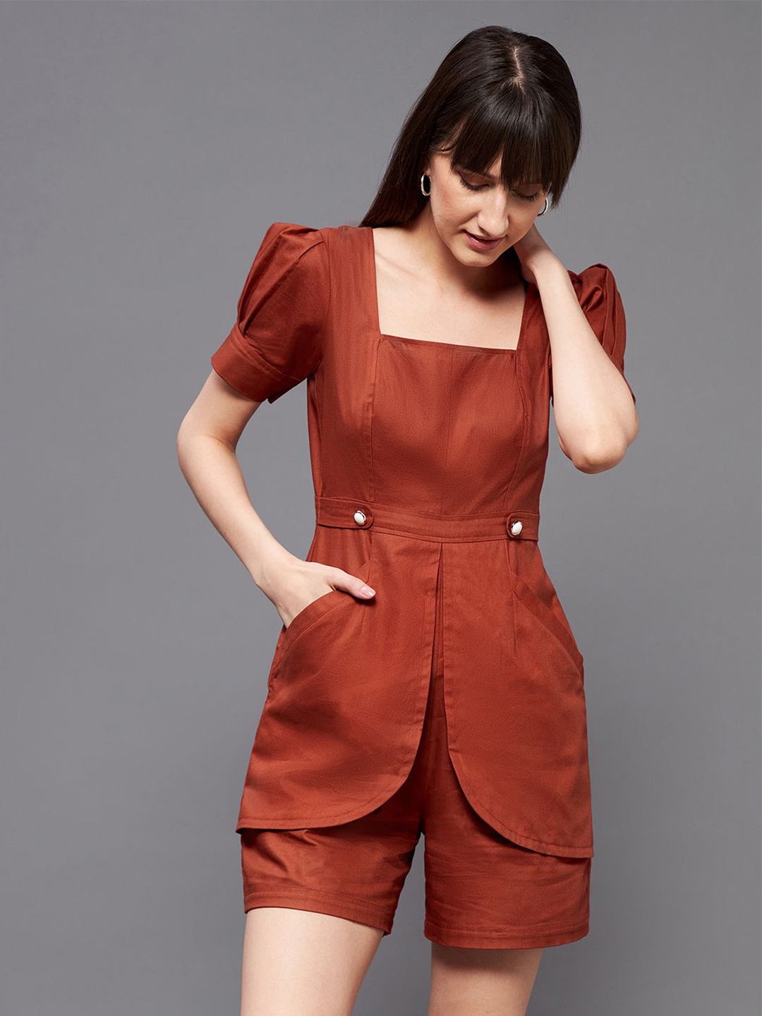 

Miss Chase Square Neck Pleated Sleeve Playsuit, Rust