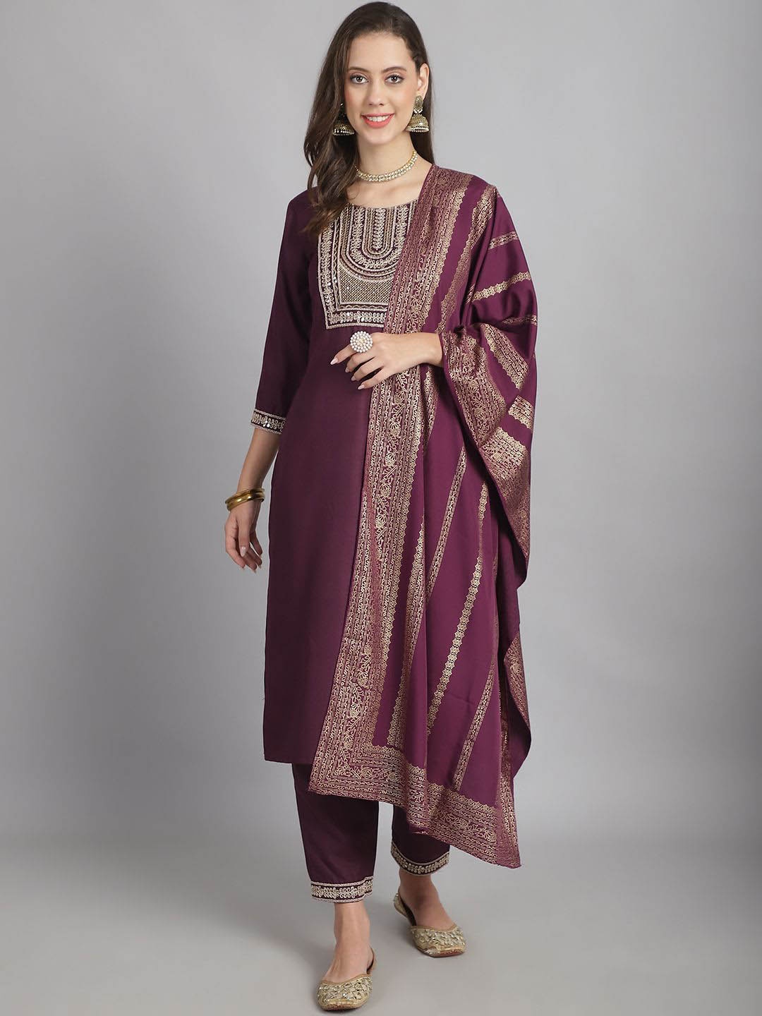 

KALINI Floral Printed Round Neck Thread Work Straight Kurta With Trousers & Dupatta, Maroon