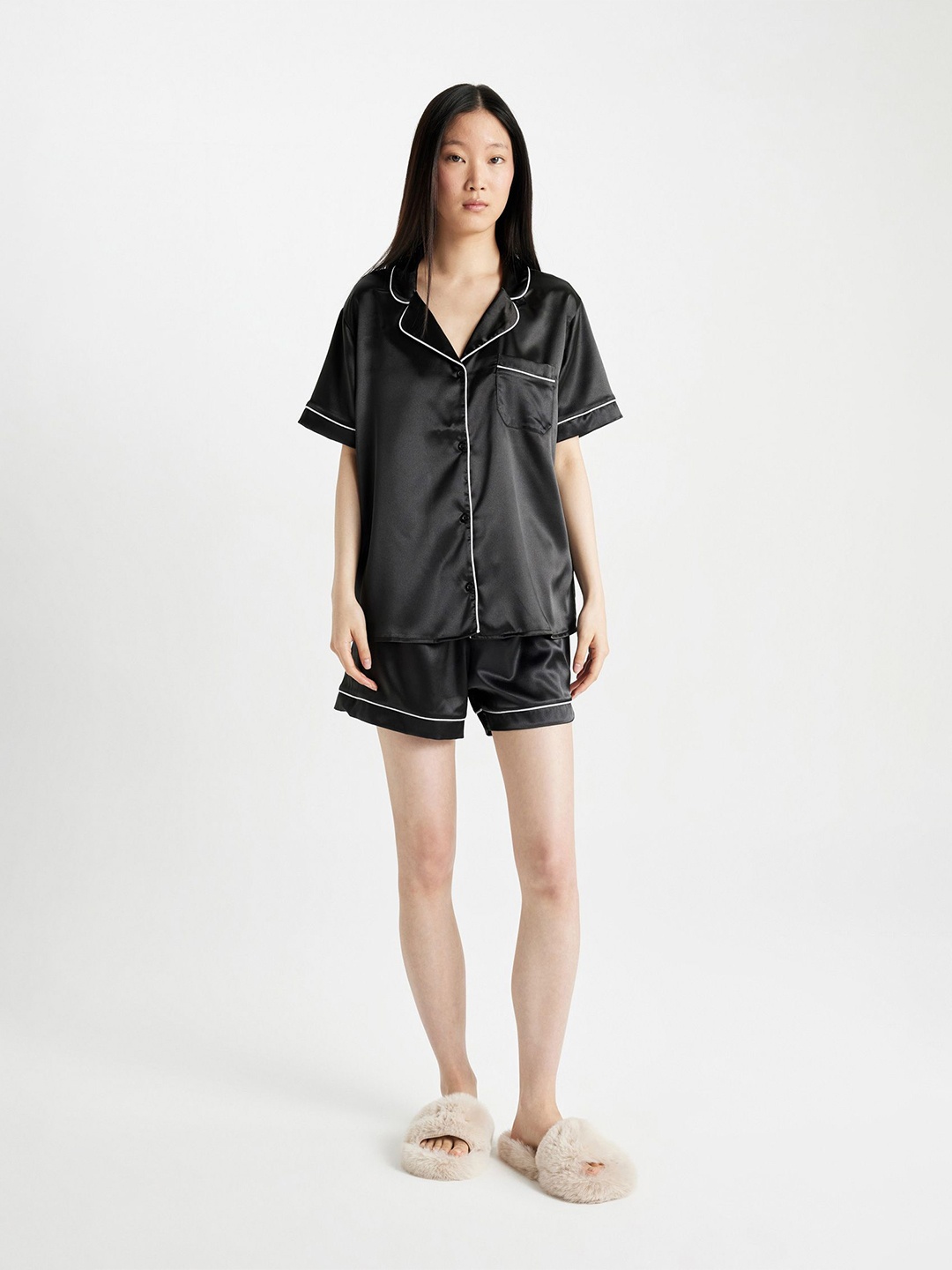 

DeFacto Lapel Collar Shirt with Shorts, Black
